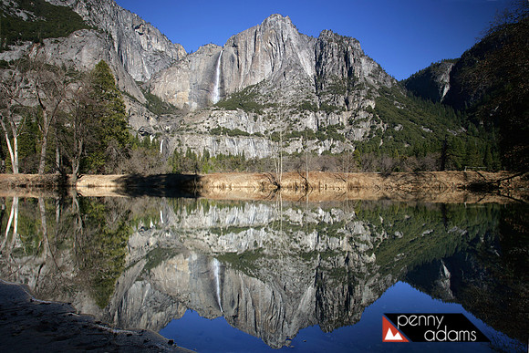 Yosemite Falls Reflected in the Merced River During a Low Flow, Yosemite National Park, California